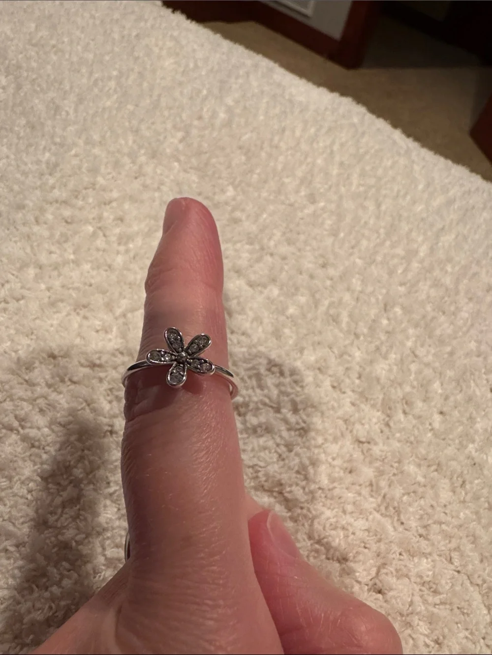 Delicate Pandora Sterling Silver Flower Ring with Clear Stones